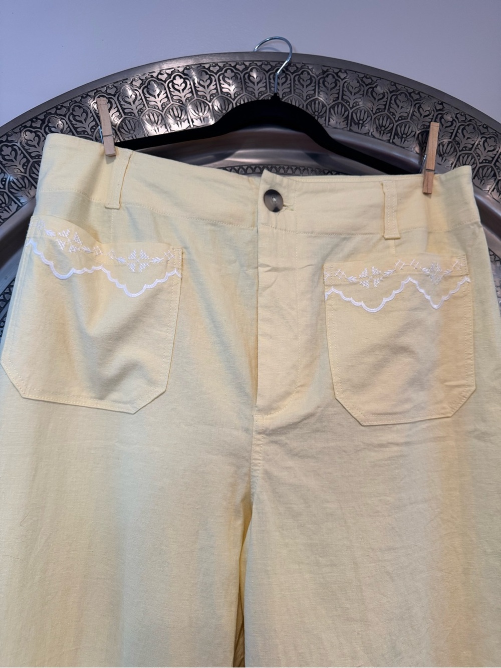 Anthropology Maeve Colette Yellow Embroidered Scallop Wide-Leg Crop Pants 33T NW - Picture 4 of 15